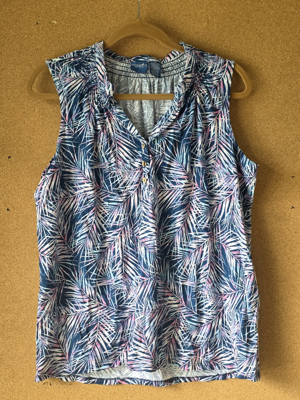 Caribbean Joe 1X Tropical Leaf Sleeveless Blouse Blue Pink Button Front
